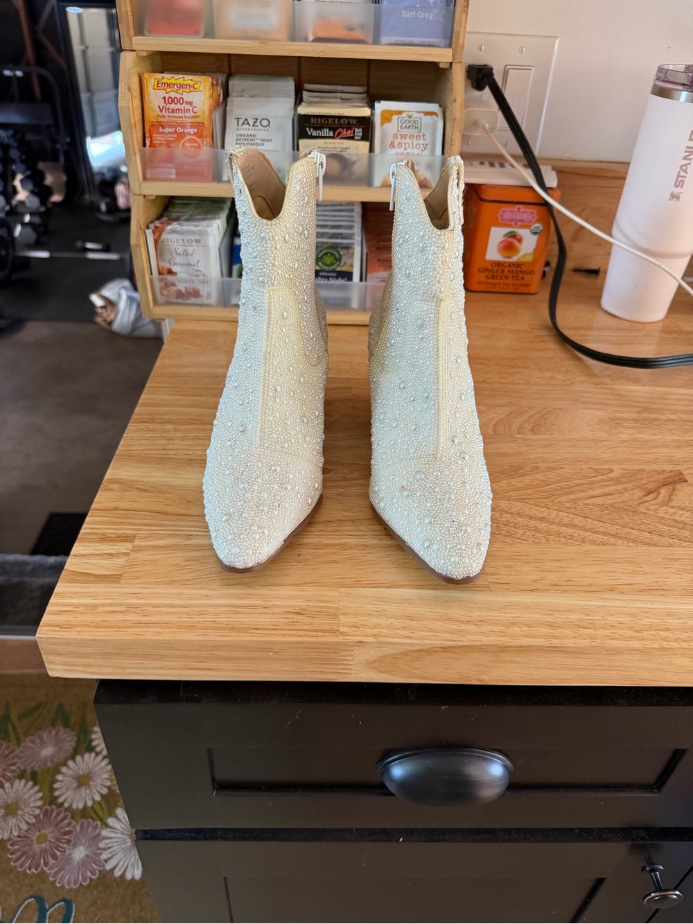 Betsey Johnson Ivory Beaded Pointed-Toe Ankle Booties